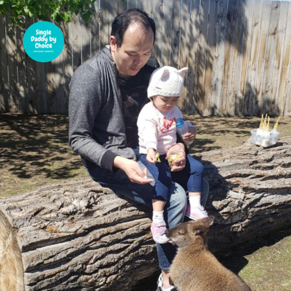 Nathan Chan and his daughter born through surrogacy playing with kangaroos